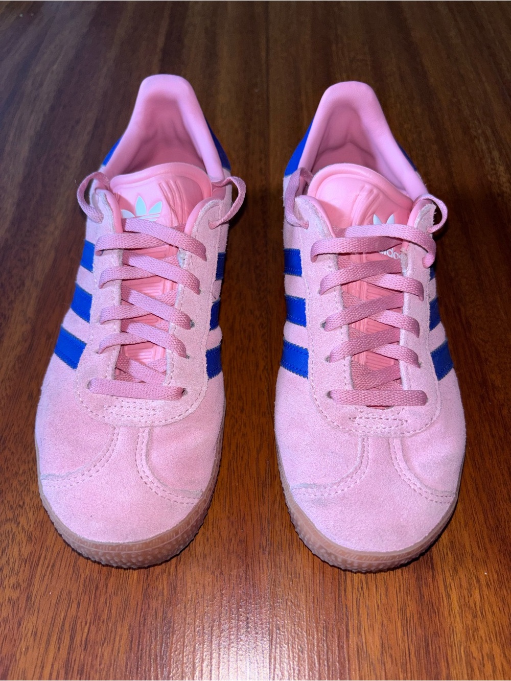 adidas Kids Gazelle Pink Suede Sneakers with Blue Stripes